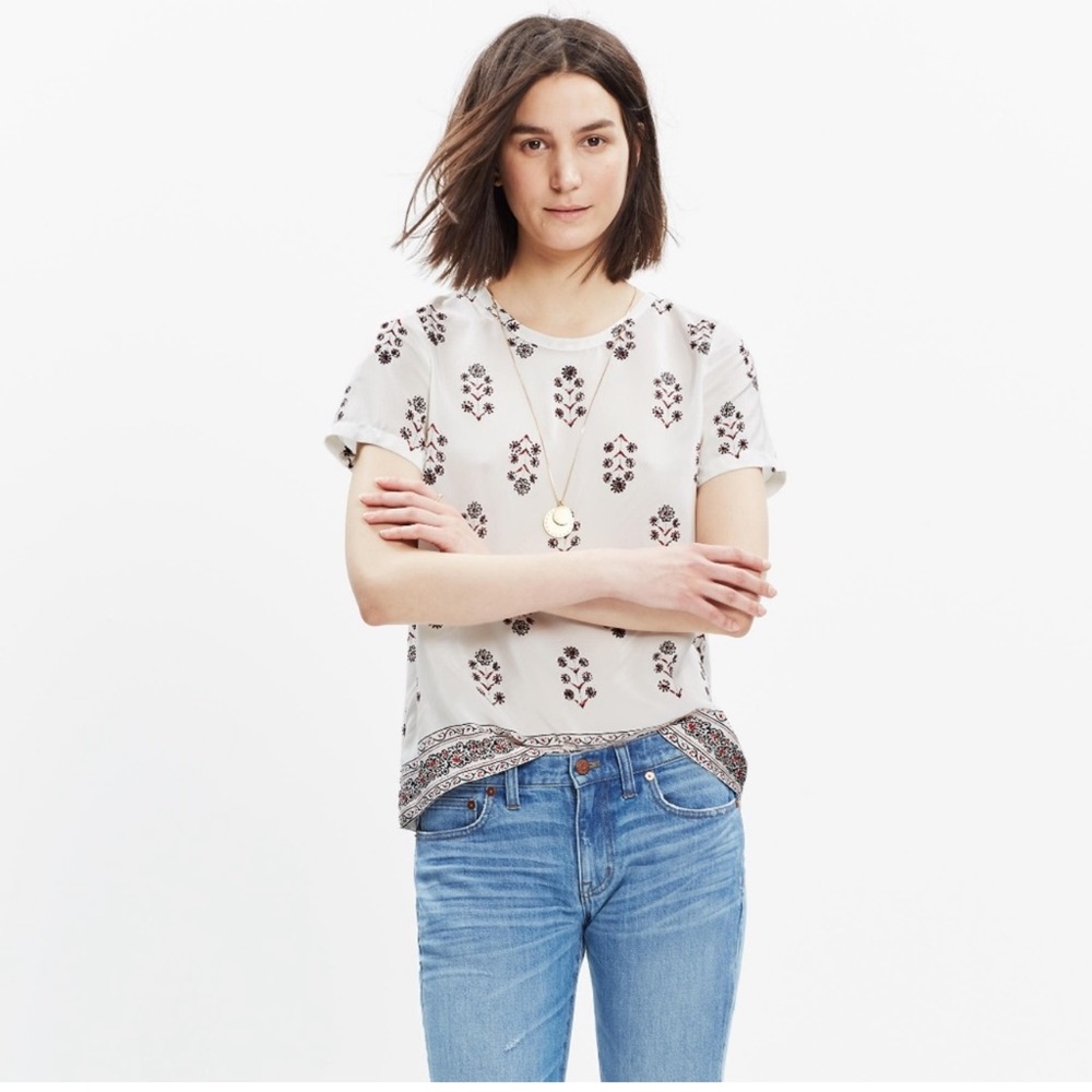 Madewell vine floral 100% silk swing top border print hem short sleeve white